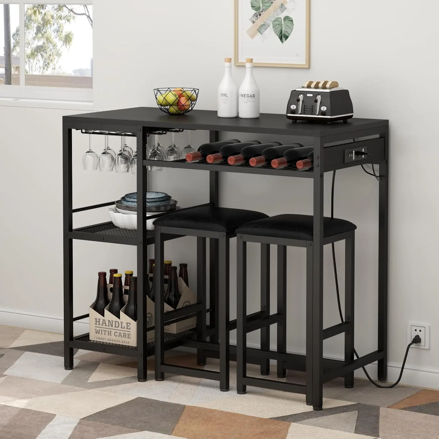 

Bar Table and Chairs Set with Power Outlet, Pub Table and Chairs Set for 2 with 2 Storage Shelves, 3 Piece Desk Set w/ Wine Rack