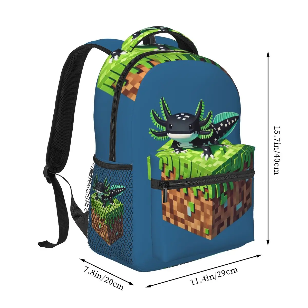 Cute Black And Green Axolotl On Block Backpack Hot Sale Daypack Large Capacity BookBag School Bag Shoulder Bags for Men Women