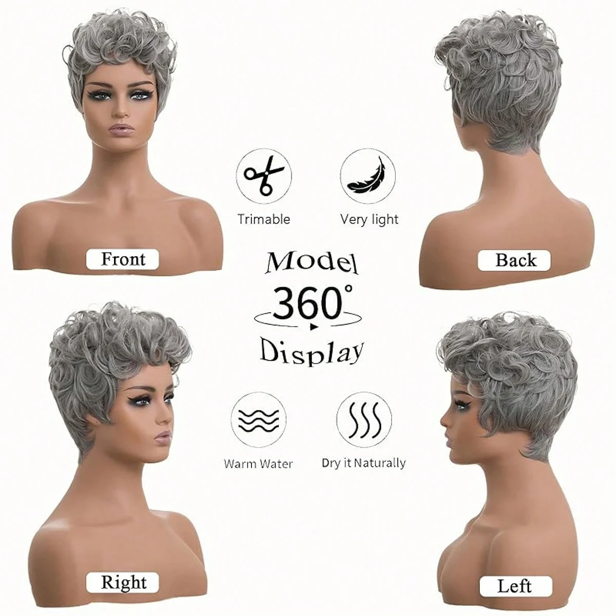 Perucas curtas de pixie curto cinza encaracolado pixie perucas de cabelo sintético natural ondulado cinza pixie corte peruca curta encaracolado em camadas peruca pixie