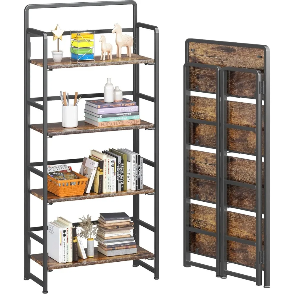 No-Assembly 4 Tiers Folding Bookshelf Storage Shelves Vintage Bookcase Standing Racks Study Organizer Home Office