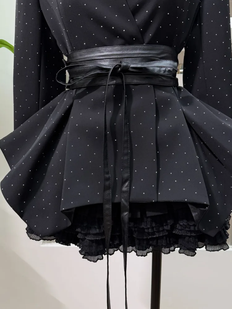 DFDG 2025 Abrigo de diseñador con cuello en V para mujer, chaqueta ajustada con cintura asimétrica y lazo, prendas de vestir exteriores de Boutique de lujo, abrigo de otoño y primavera