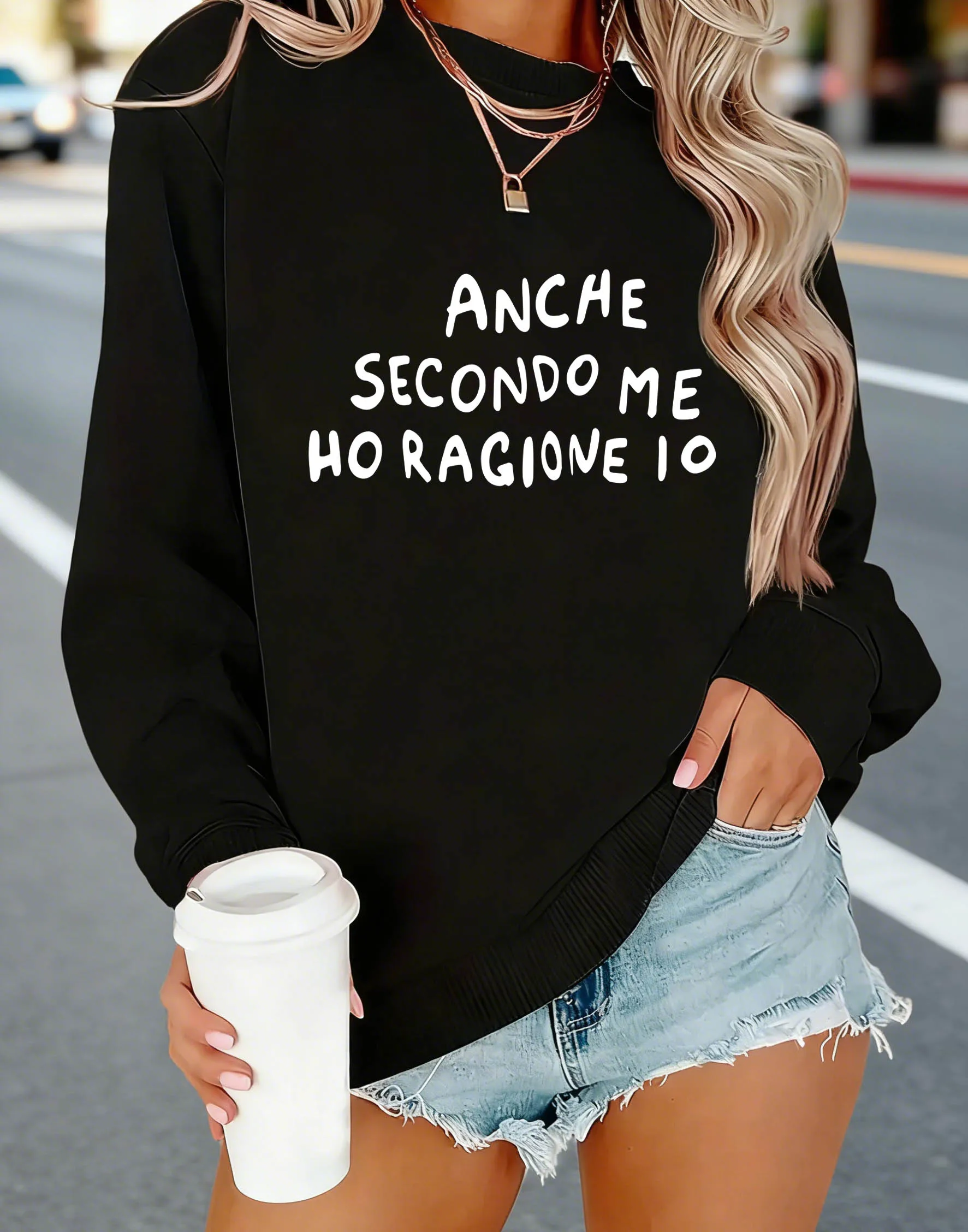 Women's Sweatshirt "ANCHE SECONDO ME HO RAGIONE IO" Italian Letter Print Crew Neck Casual For Fall & Spring, Women's Clothing