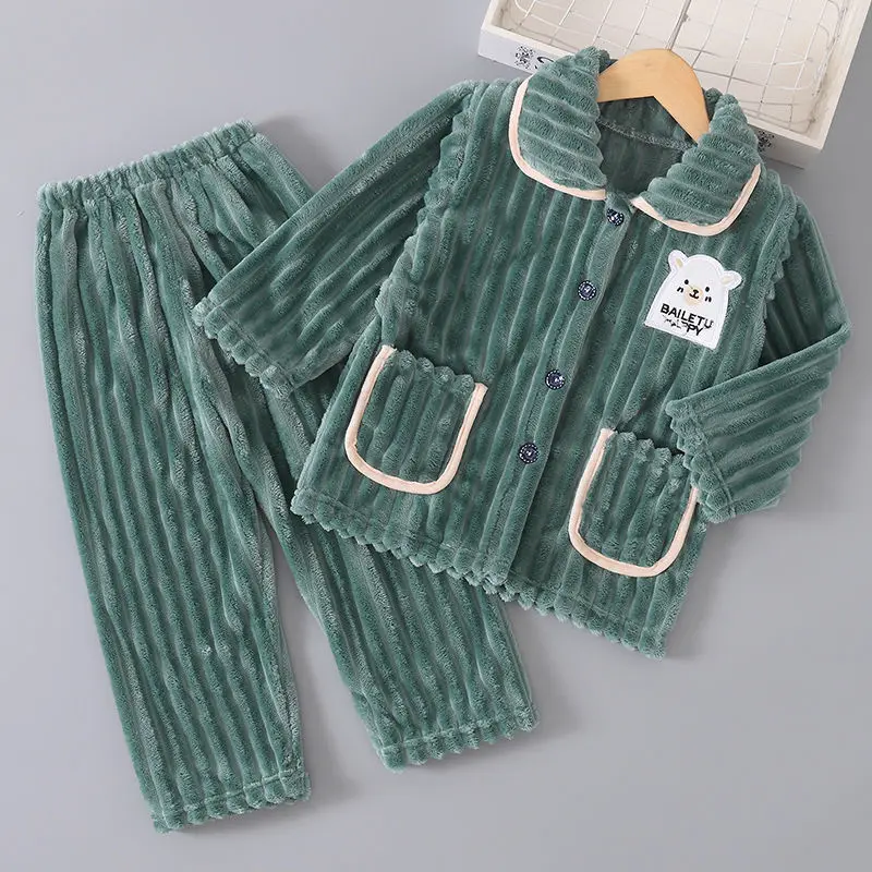 Crianças outono inverno flanela macia conjuntos de pijamas quentes bebê dos desenhos animados urso lapela casaco com calças pijamas meninos meninas casual pijamas