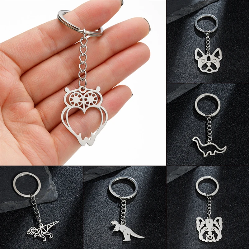 Vintage Stainless Steel Owl Dinosaur Pendant Key Chain French Bulldog Keyring Halloween Animal Charm Keychains Bag Accessories
