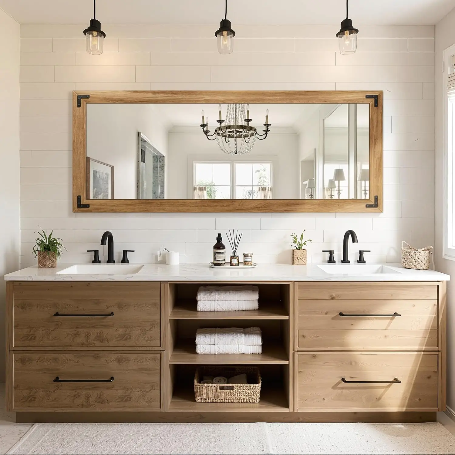 [حار بيع! ] مرآة كاملة الطول بإطار خشبي، مرآة أرضية قائمة من الخشب الصلب مقاس 56 بوصة × 22 بوصة للمزرعة والحمام وديكور غرفة النوم