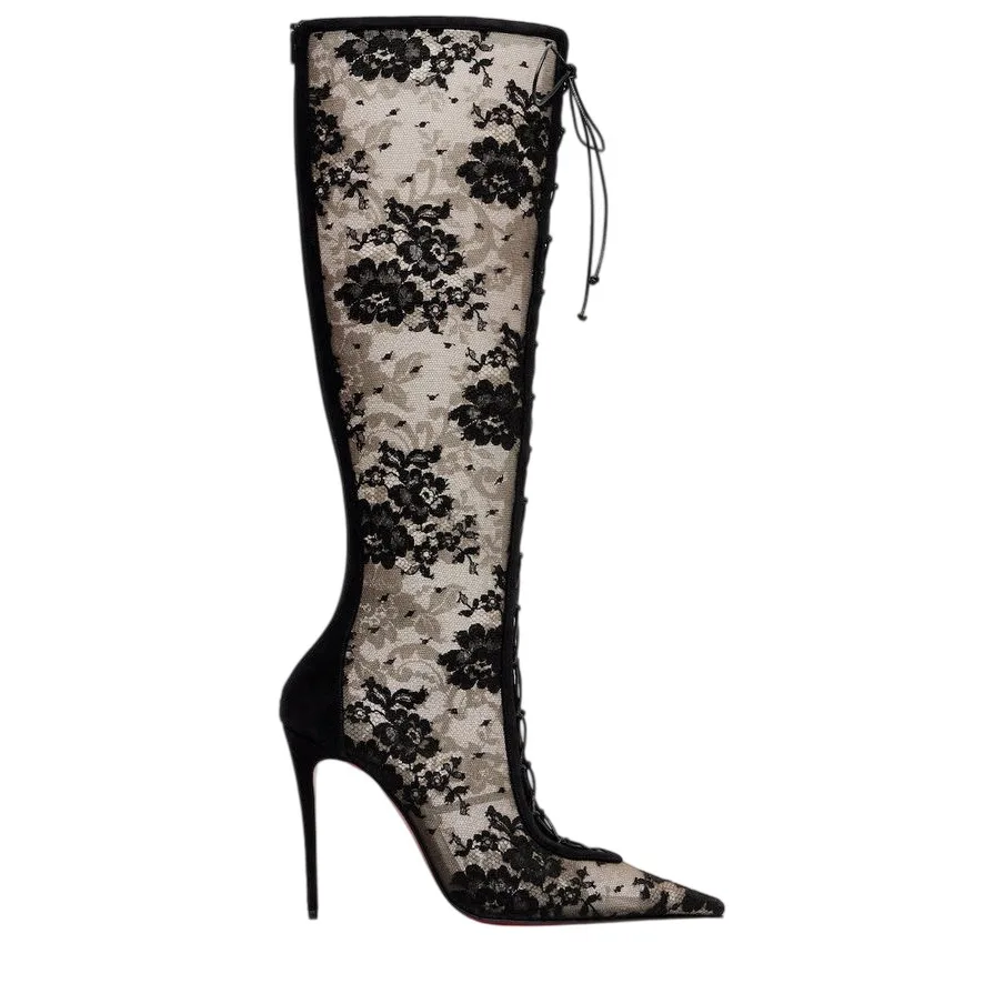 Spring and Summer Pointed Black Mesh Fine High Heels Knee Length…