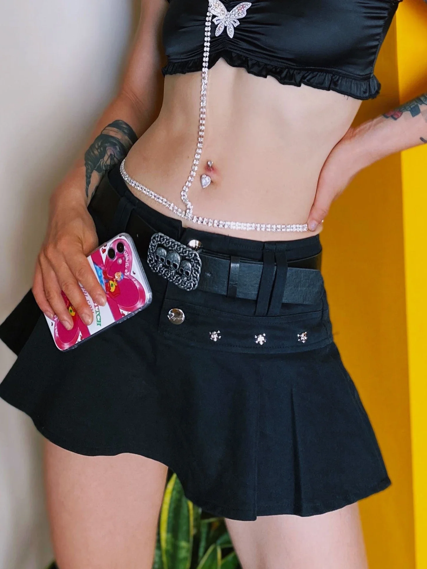 

Japanese Hot Cool Girl Y2K Low Waist Denim Skirt Skull Rivet A-line Punk Gothic Black Mini Skirt Mujer Faldas Women Skirts