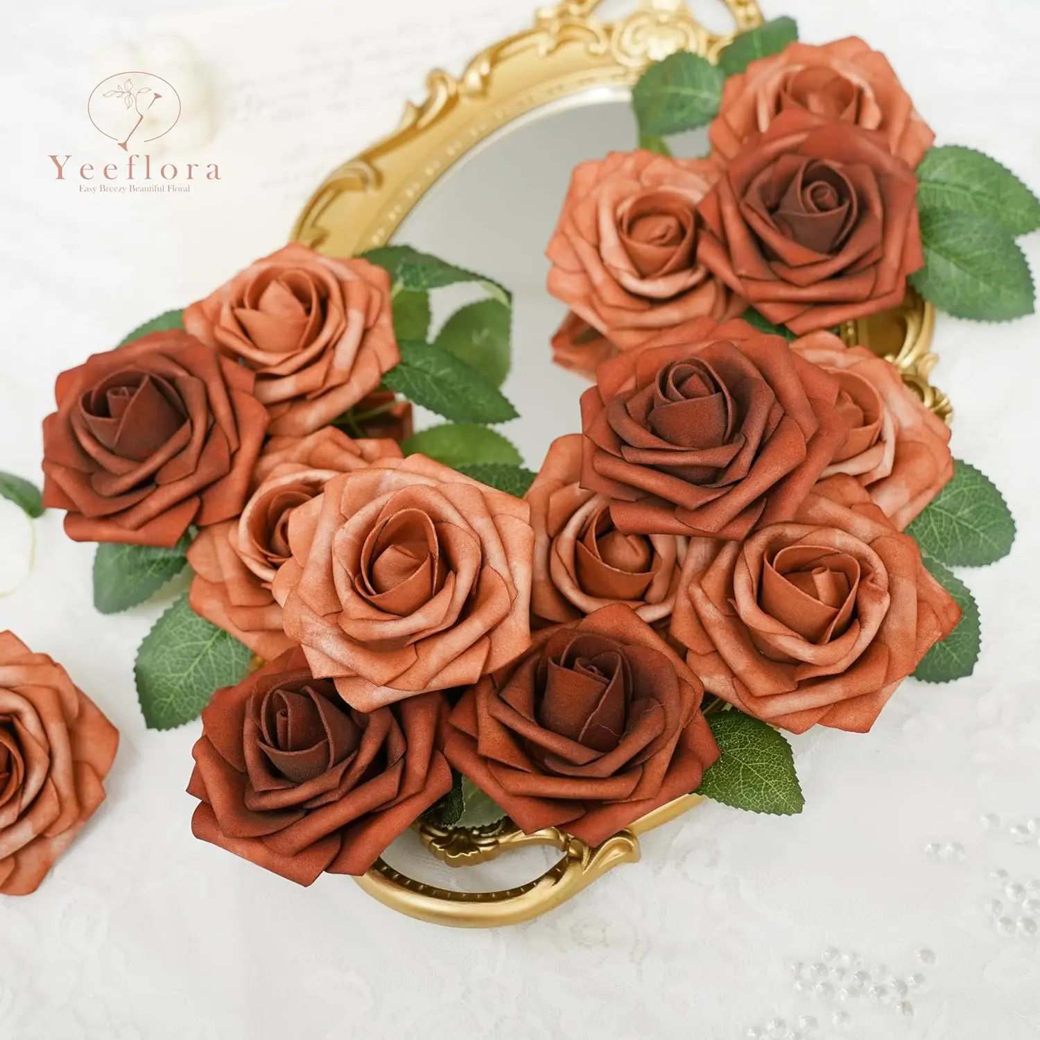 25pcs Artificial Rose for DIY Wedding Arrangements,Shades of Terracotta Foam Roses with Stem for Bridal Shower Party Home Decor - view 2