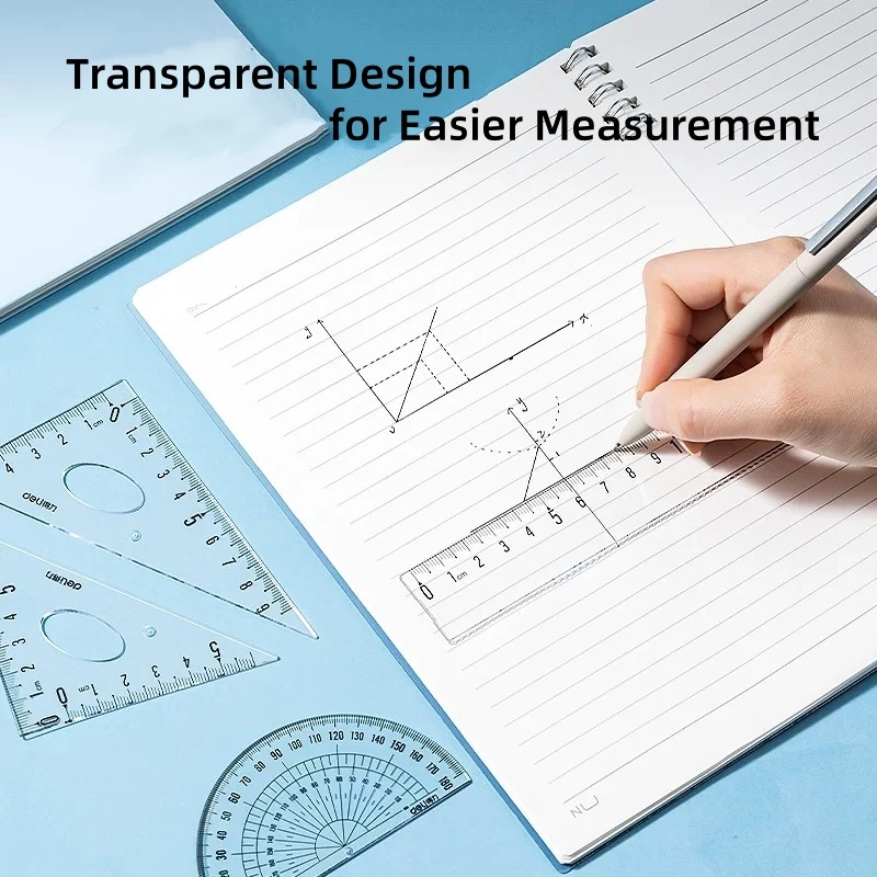 DELI Conjunto de Geometria Transparente 4 PCS Ferramentas de Desenho de Matemática com Régua Transferidor Triângulo Fácil Leitura Medição para Estudantes Escolares