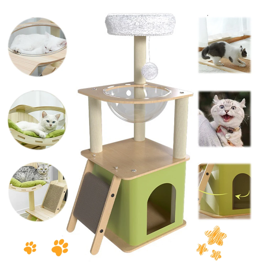 

Зеленая когтеточка-комплекс для кошек с домиками, когтеточками, капсулой-космическим кораблем, многоуровневая, для взрослых кошек крупных пород, для использования в помещении