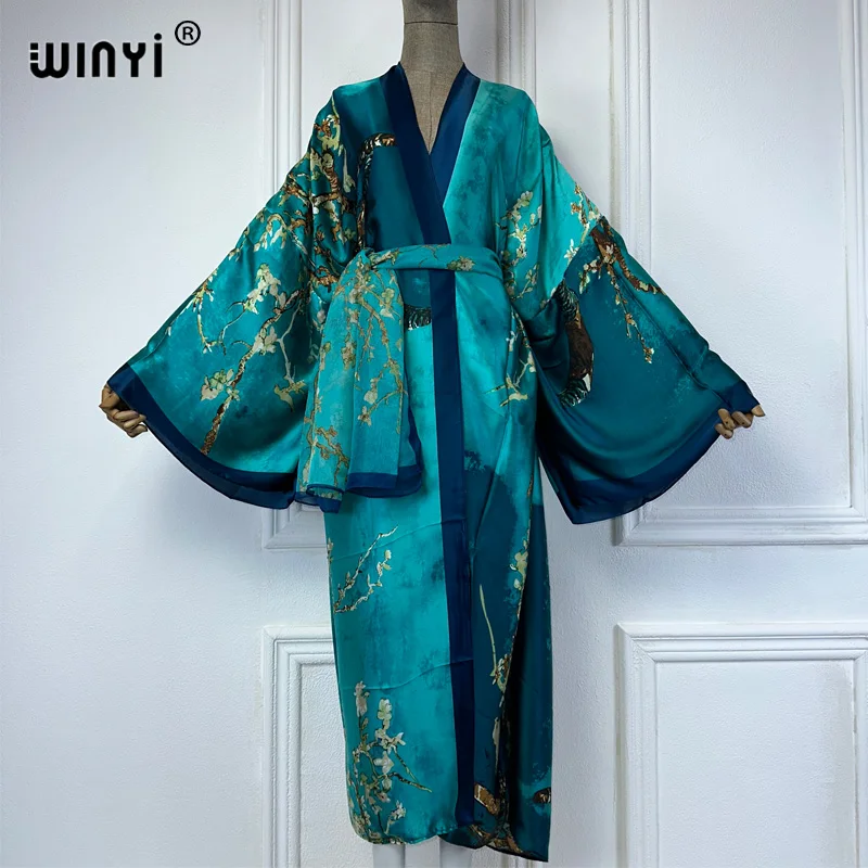 WINYI Kimono Women Summer fashion Print Long Sleeve Cardigan Female Loose abaya Casual beach Cover Up boho dress with scarf