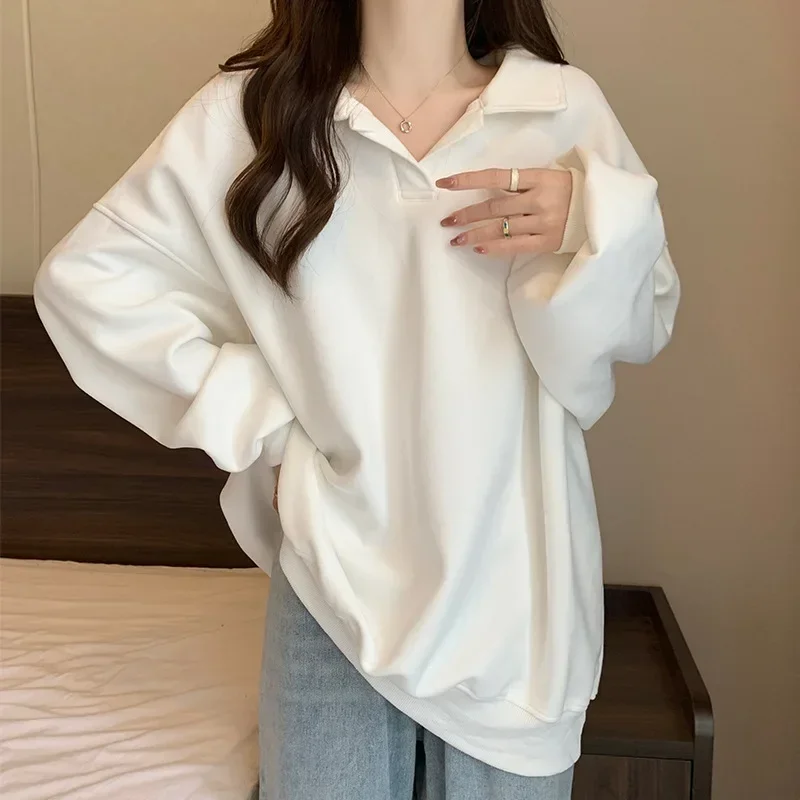 Moletom de mangas soltas para mulheres, tops soltos de gola virada para baixo, monocromático, cobertura de barriga, grandes dimensões, primavera, outono