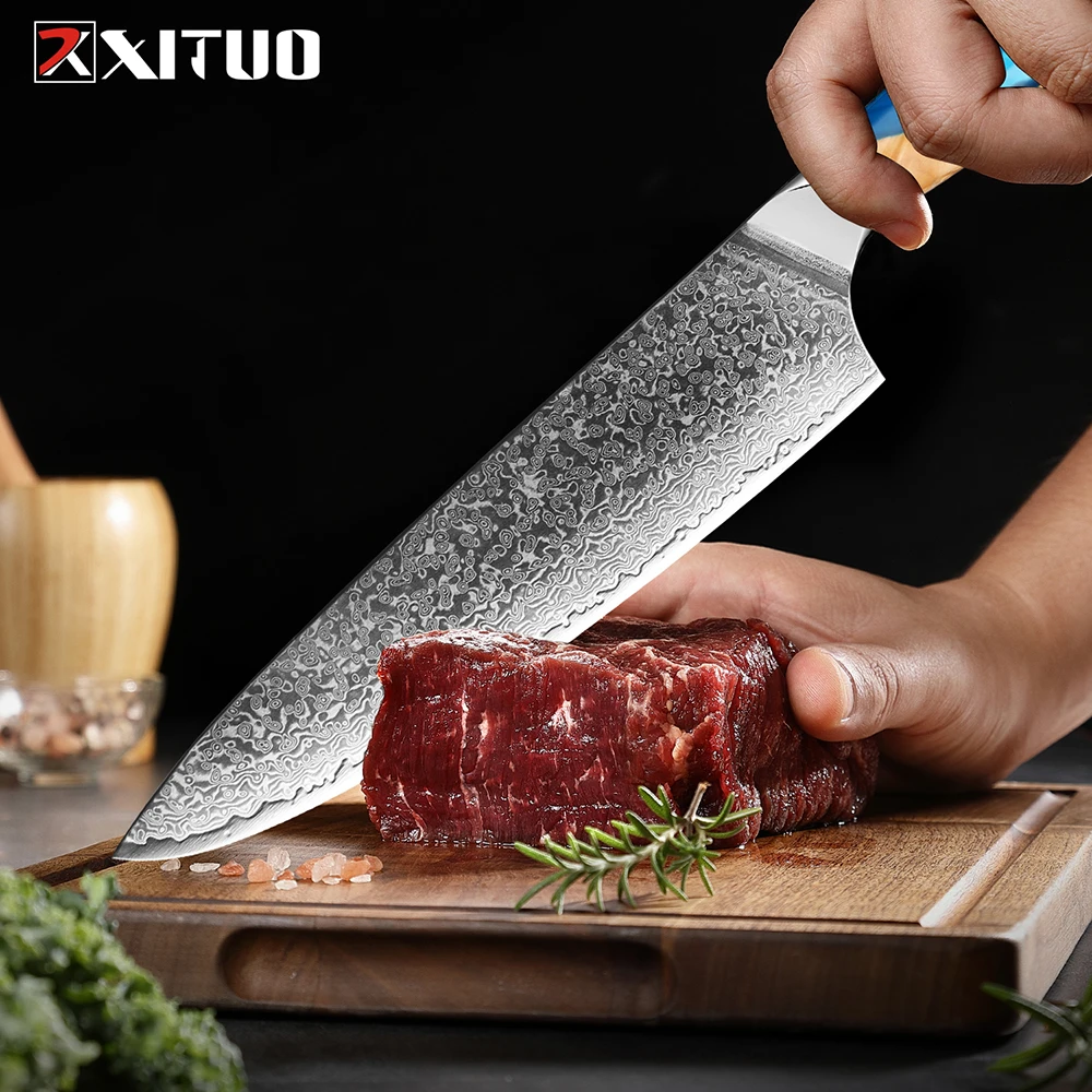 XITUO Damascus Kitchen Knife Set HighQuality 1-7PC Japanese VG10 Steel Chef Knife Cleaver Santoku Boning Fruit Knife Blue Resin