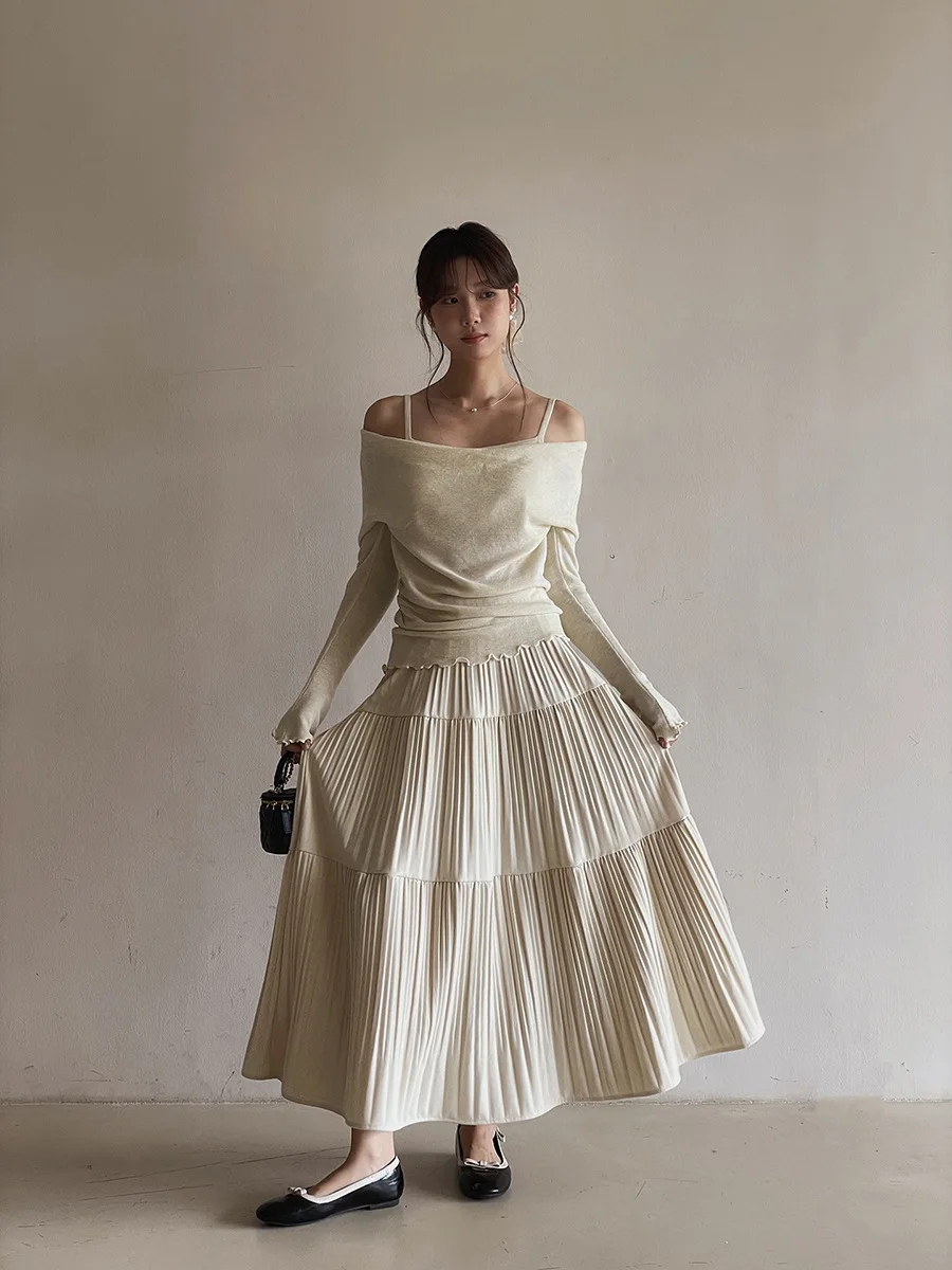 À la mode taille haute a-ligne gâteau jupe demi-jupe femmes automne nouvelle collection plissée mi-longue jupe plissée jupe