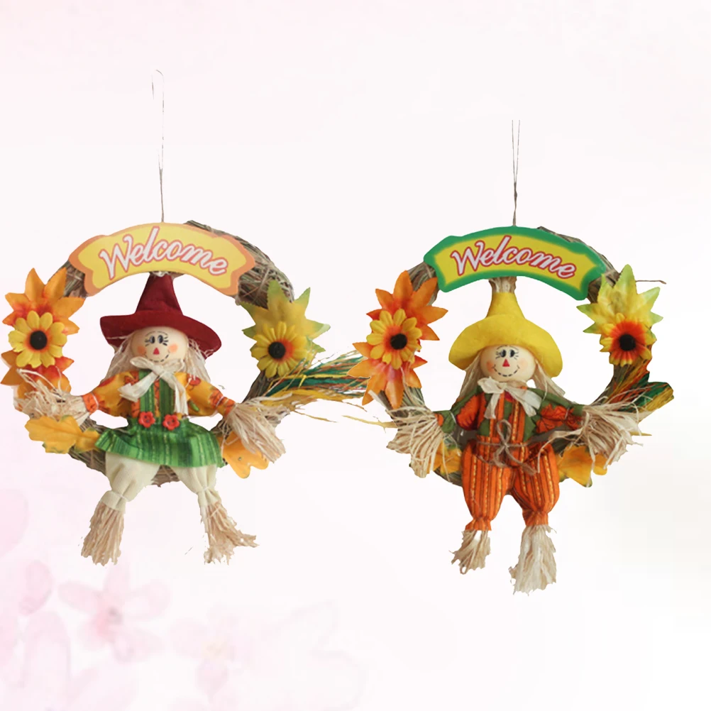 

2Pcs Scarecrow Straw Decor Halloween Scarecrow Wreath Thanksgiving Garland Hanging nament Party Fall Harvest Decoration