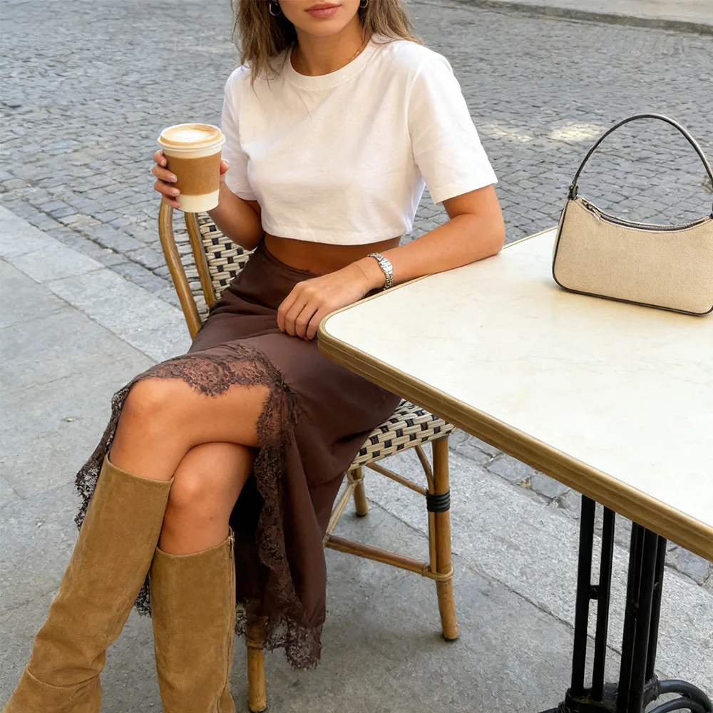 Vrouwen rok elastische taille kant patchwork onregelmatige zoom zijsplit casual uitgaan rokken