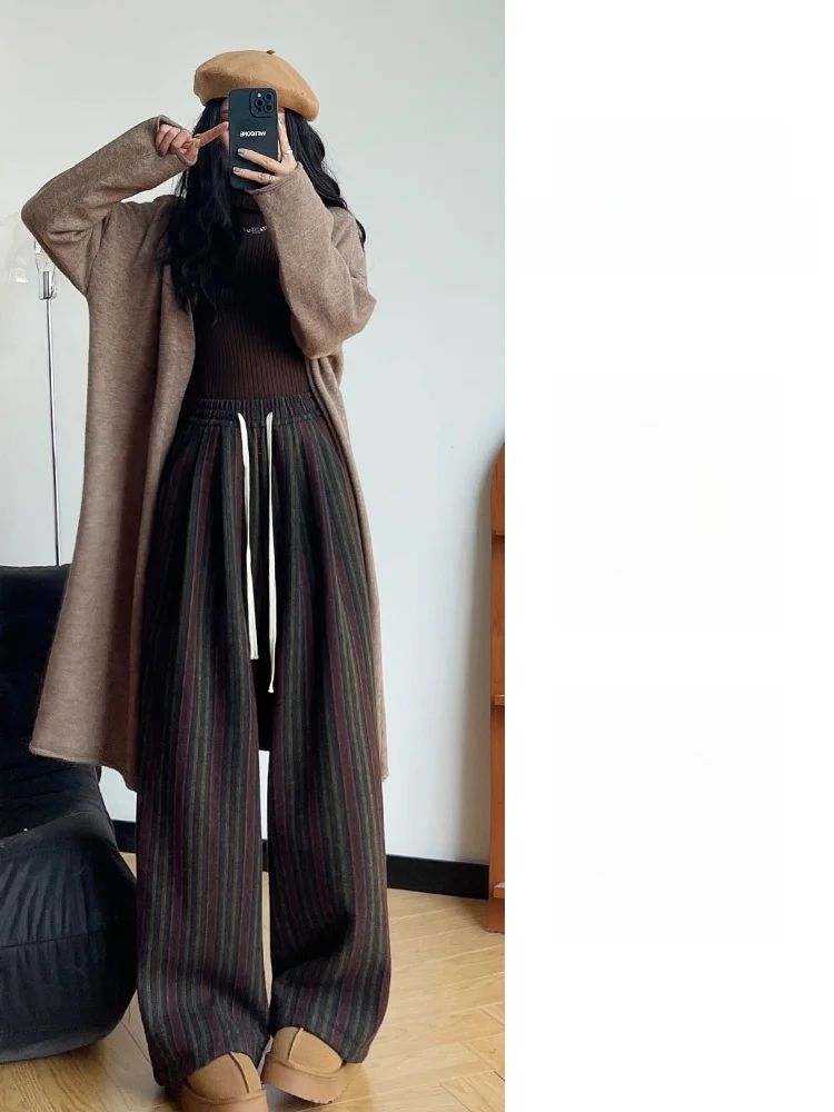 하이웨이스트 플리스 안감 와이드 레그 팬츠 여성 캐주얼 편안한 폴리에스터 혼방 니트 바지 스트레이트 컷 빈티지 스트라이프