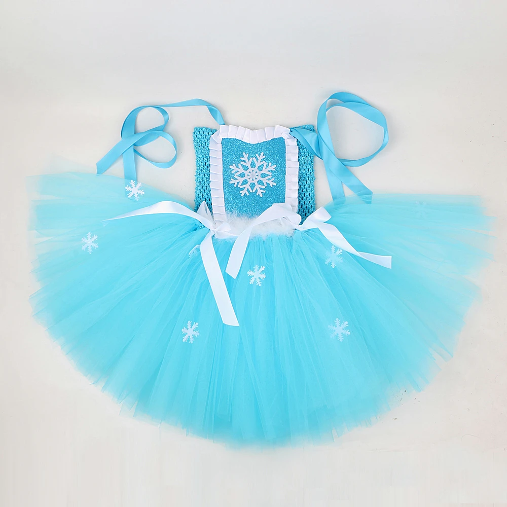 Skyblue Elsa Princess Dresses Girls Snow Queen Christmas Costumes Kids New Years Fancy Outfit Snowflakes Xmas Tutus with Crown