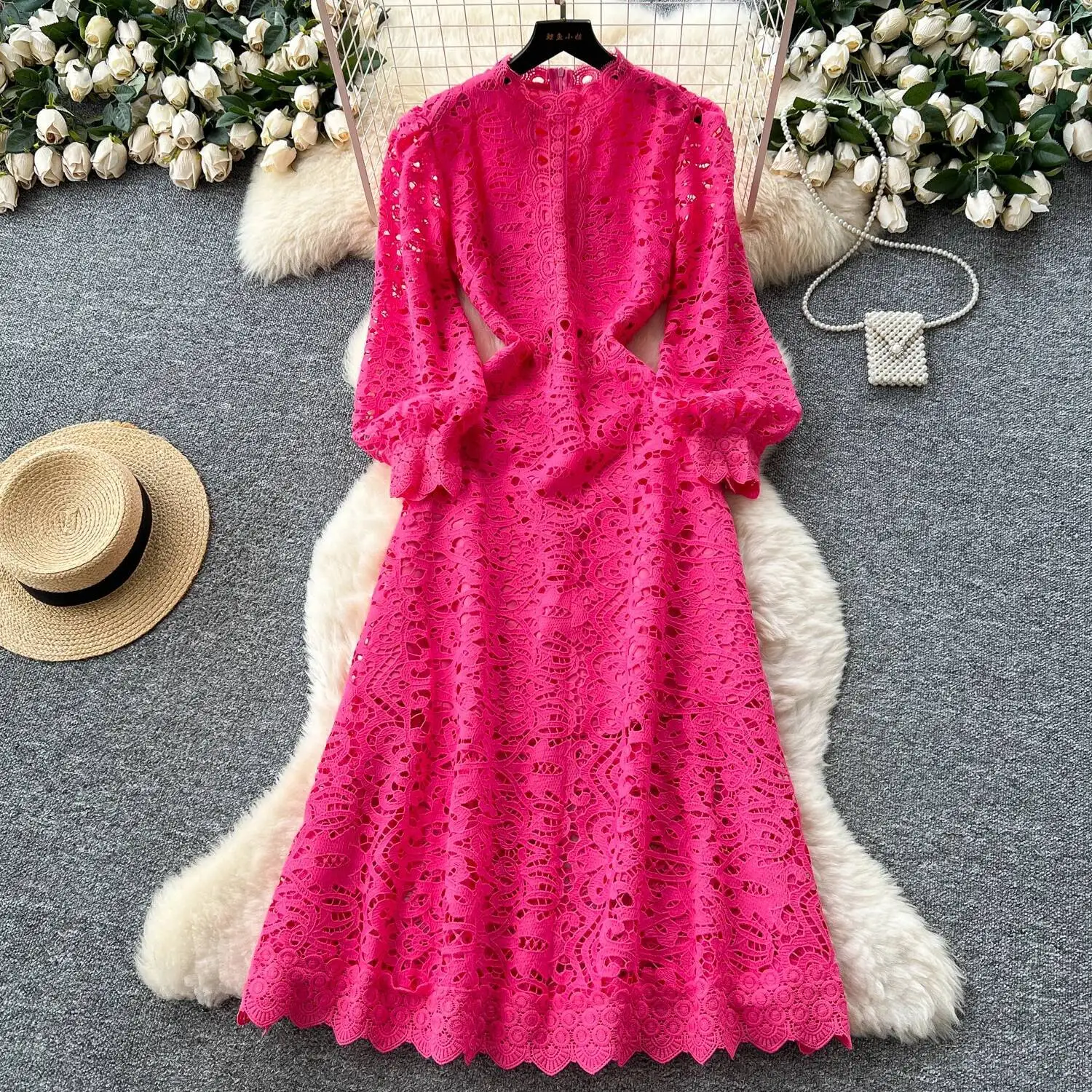 

Sexy chic Hook flower hollow lace long sleeve A-line dress Vintage Women Casual High Street women clothing