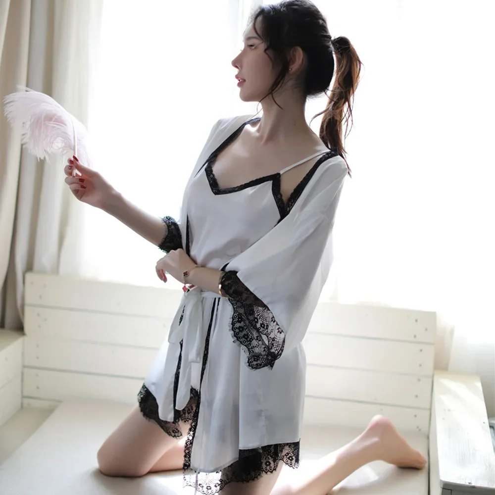 High-end ครึ่งแขนชุดผู้หญิงสไตล์ญี่ปุ่นเซ็กซี่กิโมโน Sleep Robes ลูกไม้เร้าอารมณ์ชุดชั้นในชุดสลิงชุดชั้นในเครื่องแต่งกาย