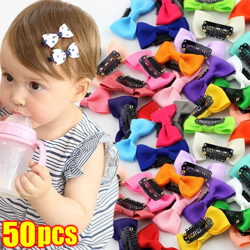 10-50Pcs Baby Girl Hair Clips Candy Color Dot Cotton Print Safety Hairpin Baby Mini Hair Clip Children Cute Bow Hair Accessories