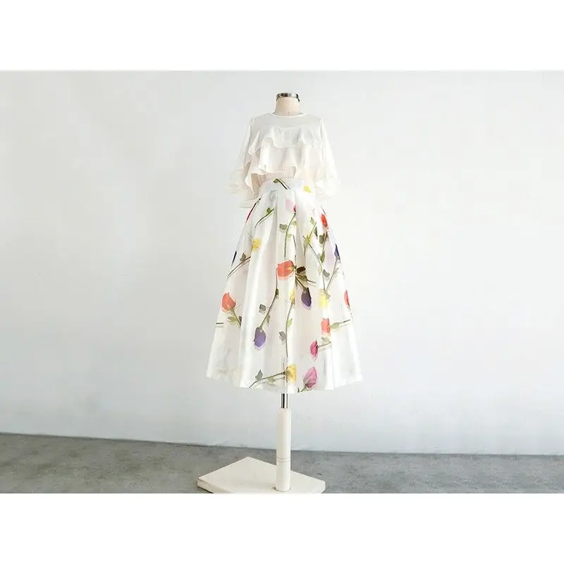 Fashion Elegant Women High Waist Ball Gown Skirt Casual Summer Korean Loose A-Line Floral Printed Skirt Female Clothing New