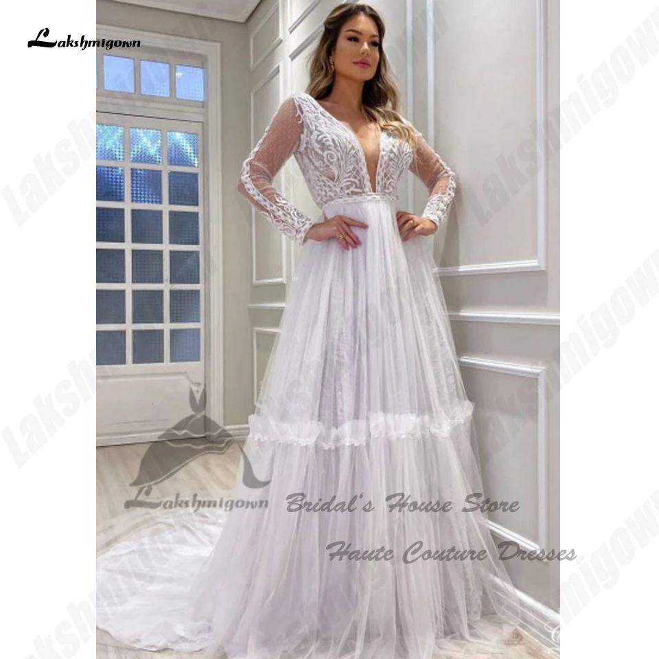 Lakshmigown-Vestidos de casamento sem costas para mulheres, vestidos de noiva boho, decote em V, Princess Lace, Mergulhando, Branco, Elegante, 2023