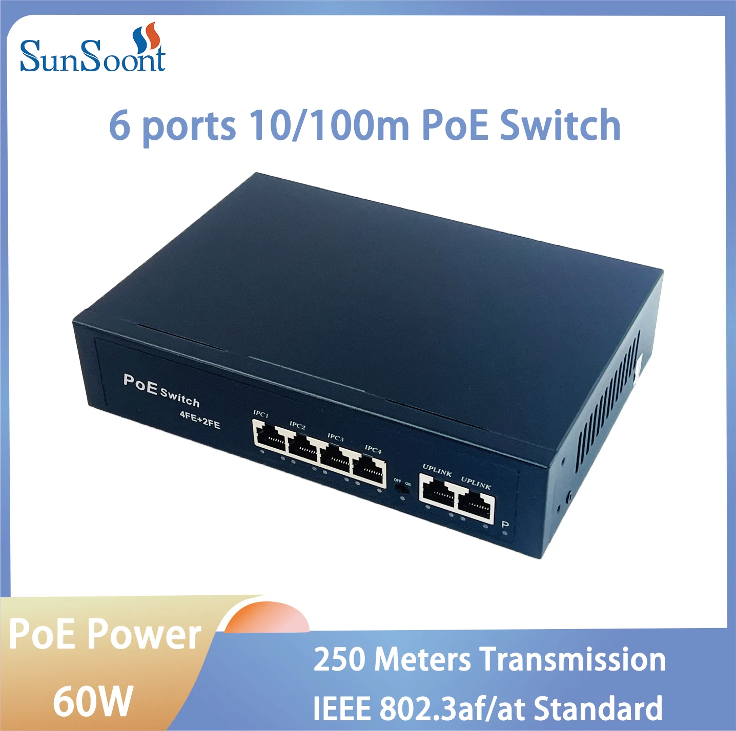 6 منافذ PoE Switch 10/100Mbps Active POE Network Switch 60W لكاميرا IP، NVR، المراقبة، CCTV، كاميرا POE