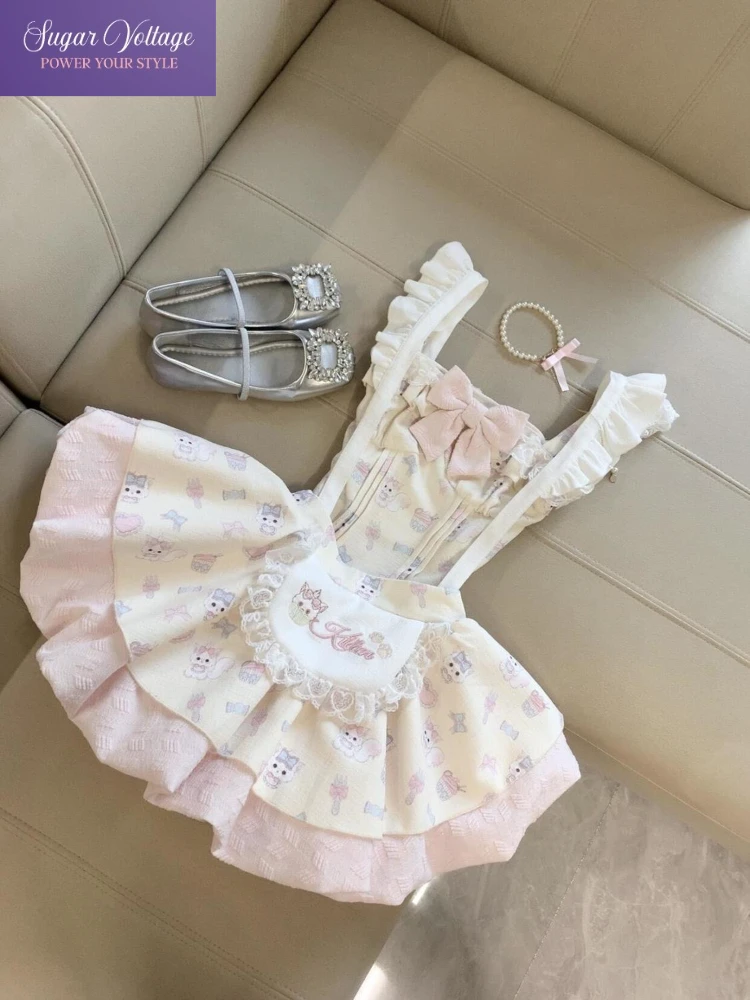 

Japanese Sweet Cute 3 Piece Set Women Cat Cardigan + Bow Waist Top + Lace Ruffle Suspender Dress Kawaii Fashion Popular Clothes