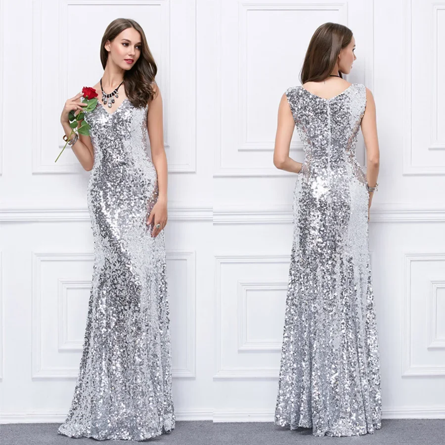 

Evening Dress Silver Sequins Bling Sleeveless V-neck Robe De Soiree Mermaid Floor-length Plus size Women Party Formal Gown F345