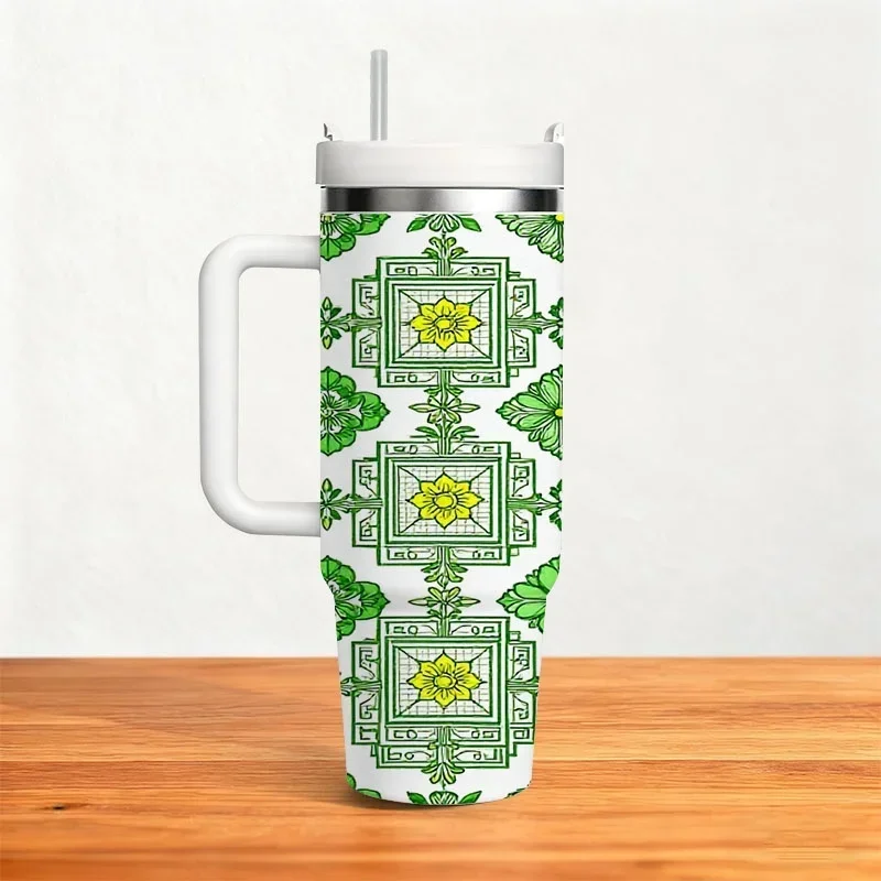 Stainless Steel 40Oz Insulated Tumbler with Digital Printed Green Yellow Floral Geometric Pattern, Reusable Insulated Drink Cup for Daily Use, Outdoor Travel And Office Beverage Storage
