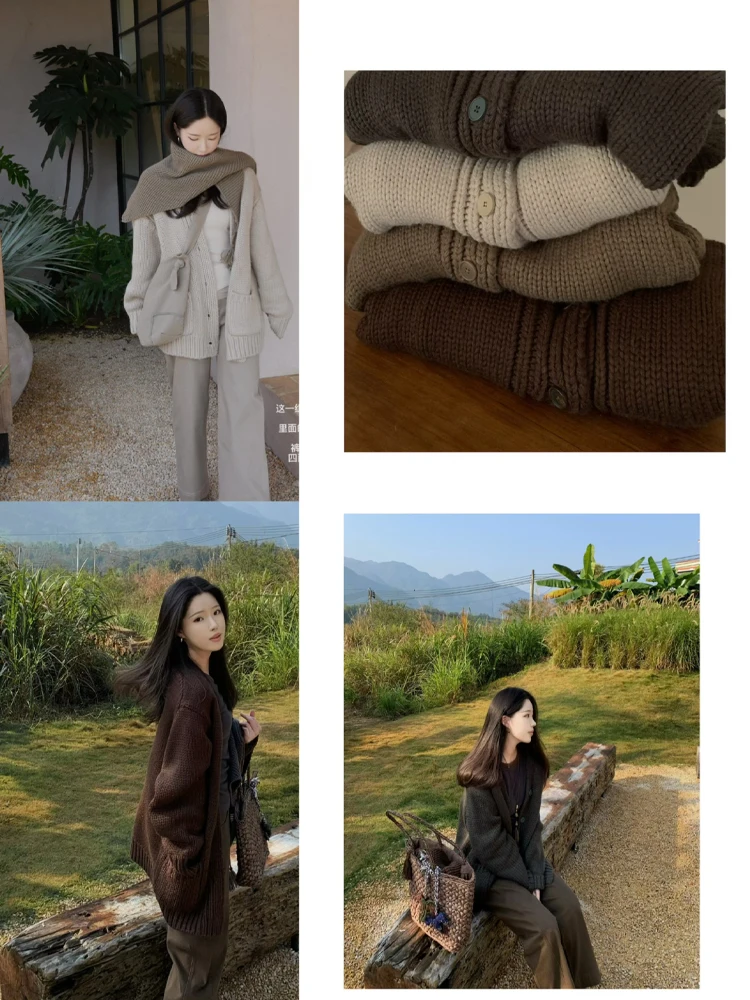 

ZNG OP Women's Knitwear Cardigan Thiened Chunky Sti Retro Color System Versatile Open-irt Sweater Outerwear