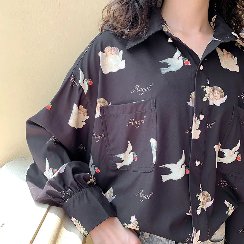 Harajuku Angel Print Womens Shirt Vintage Elegant Blouse Women Autumn 2024 Lantern Sleeve Female Clothes Loose BF Shirt