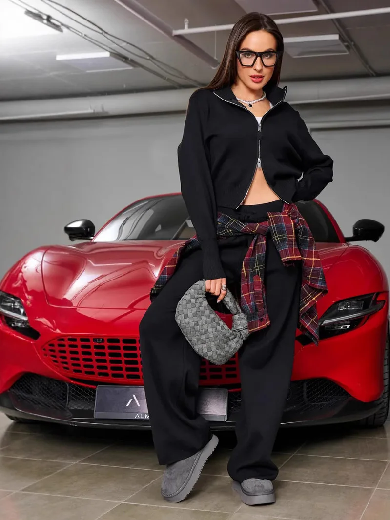 

Женский свитер на молнии, кардиган, длинные брюки, спортивный повседневный комплект из двух предметов, летняя модная одежда для взрослых, универсальный крой