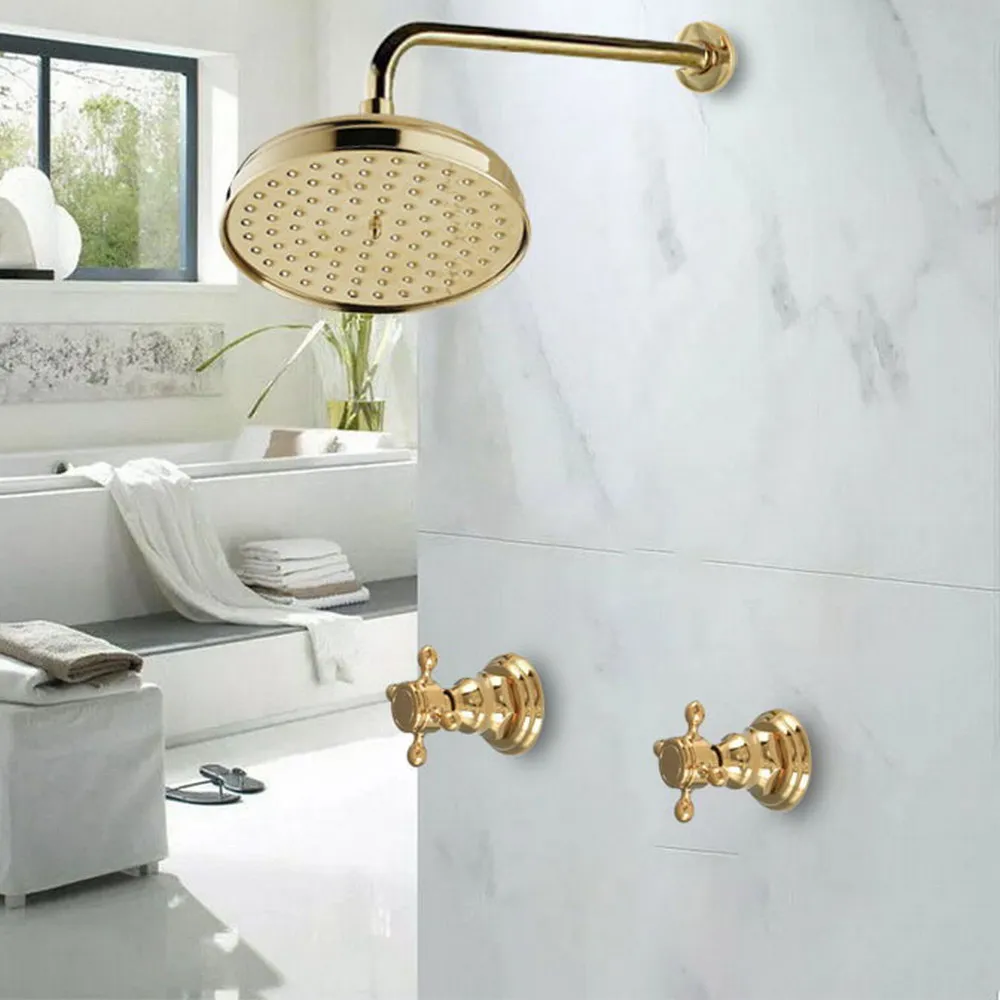 

Gold Color Brass Wall Mounted Bathroom Dual Handles 8" Inch Rain Shower Head Faucet Set Bath Mixer Tap abn223