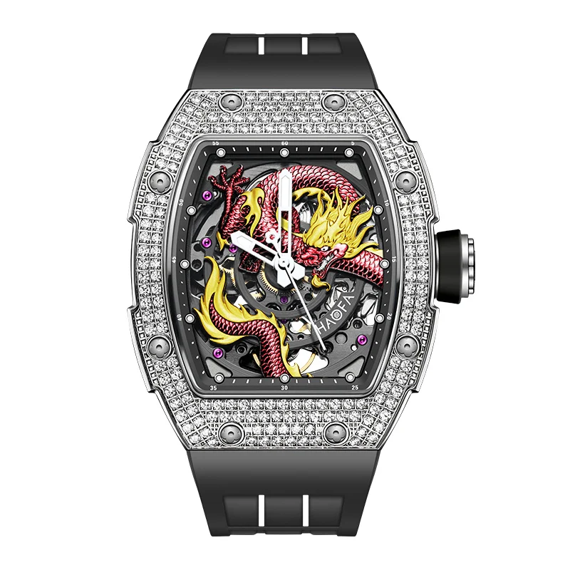 Haofa Mechanical watch Man Loong Dragon Luminous Chinese style Hollow Skeleton Automatic Movement Diamond Sport 3D Carve 1968S