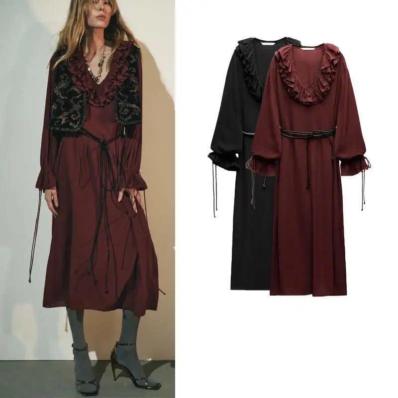 Outono inverno nova chegada f estilo suave com decote em v em camadas decoração manga longa midi vestido de fibra de p...