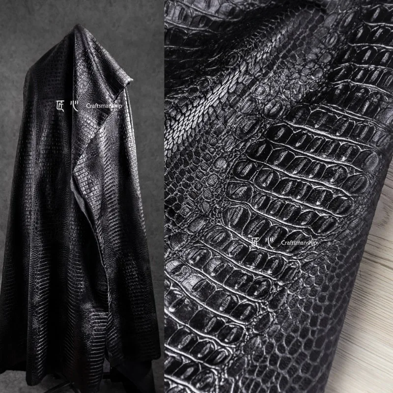 Black Italian Crocodile Pattern Three-dimensional Texture Leather Leather Cloth Creative Leather Coat Bag PU Designer Fabric