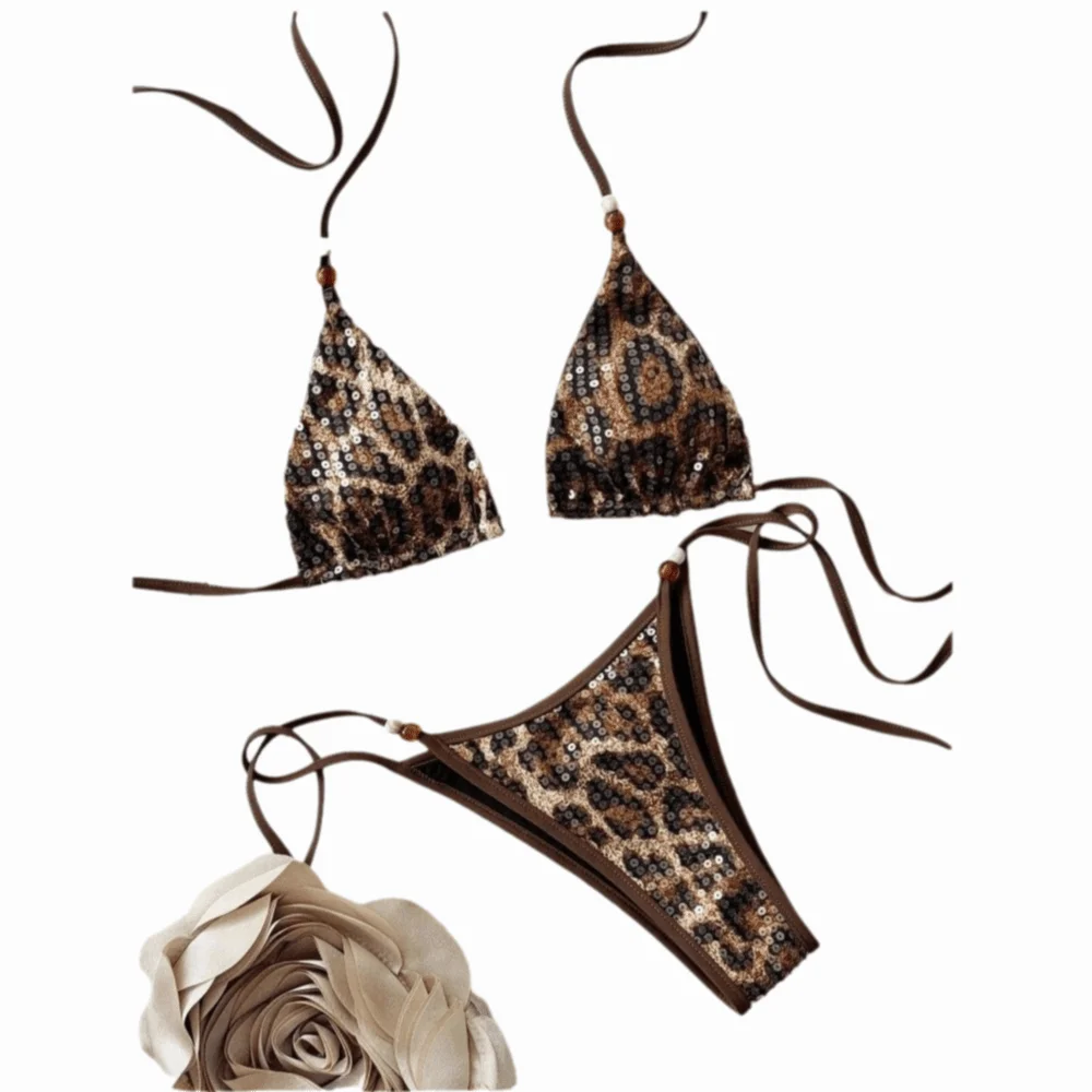 New Sexy Leopard Print Bikini Set Sequins Decor Bead Decor Swimwear Lace-up Back Halter Strappy Beachwear For Lady