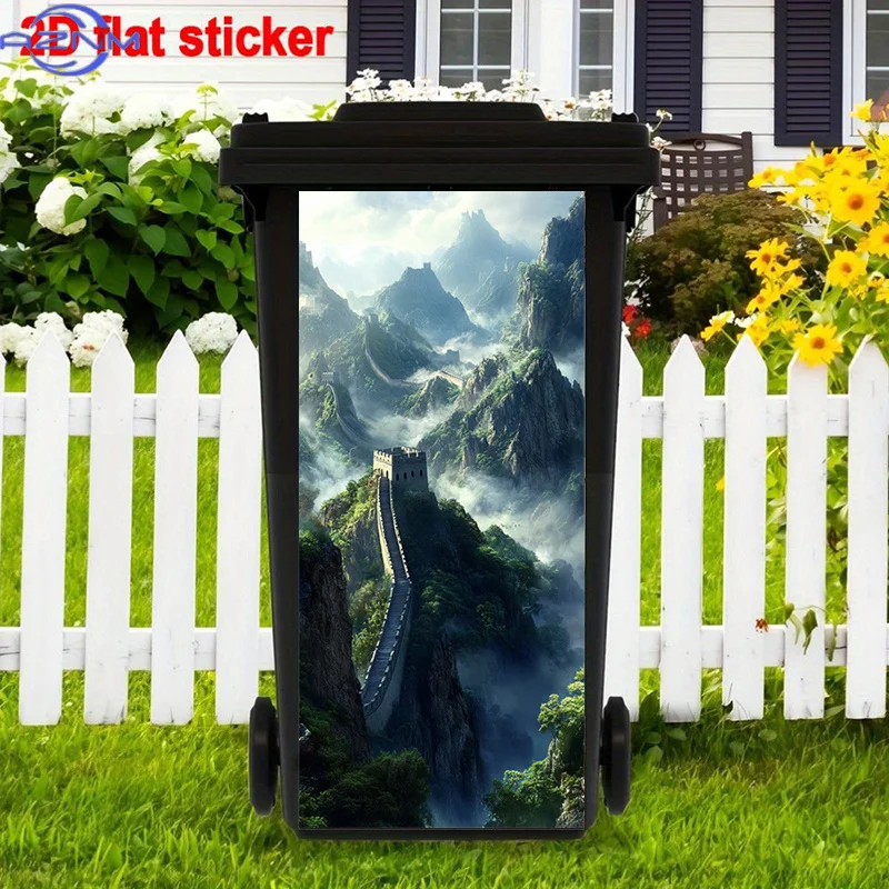 Asian Landscape Trash Can Sticker Decoration, Ancient Wonder Stickers, Misty Mountain Self-Adhesive Art Stickers, Serene Views