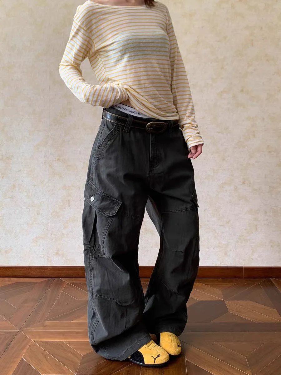 

American Retro Work Pants Men Women Design Sense Straight Loose Commute Match Long Pants Multiple kets Pleated Casual Trou...