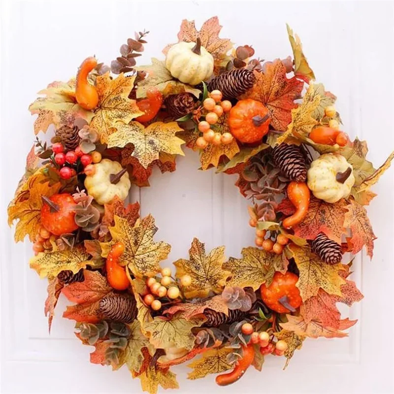 

Autumn Door Wreath Christmas Halloween Decoration Pumpkin Berry Pine Cone Maple Artificial Wreath Cloth Rattan Material Home