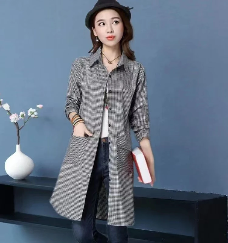 Primavera Autunno Donna di grandi dimensioni in cotone e lino scozzese irt Lunghezza media Lungo Sve Abbigliamento da mamma di mezza età