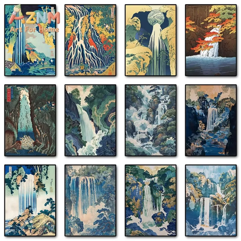 

1pc Hokusai Ukiyo-e Blue Green Japanese Waterfall Asian Landscape Poster Canvas Printing Vintage Wall Picture Home Room Decor