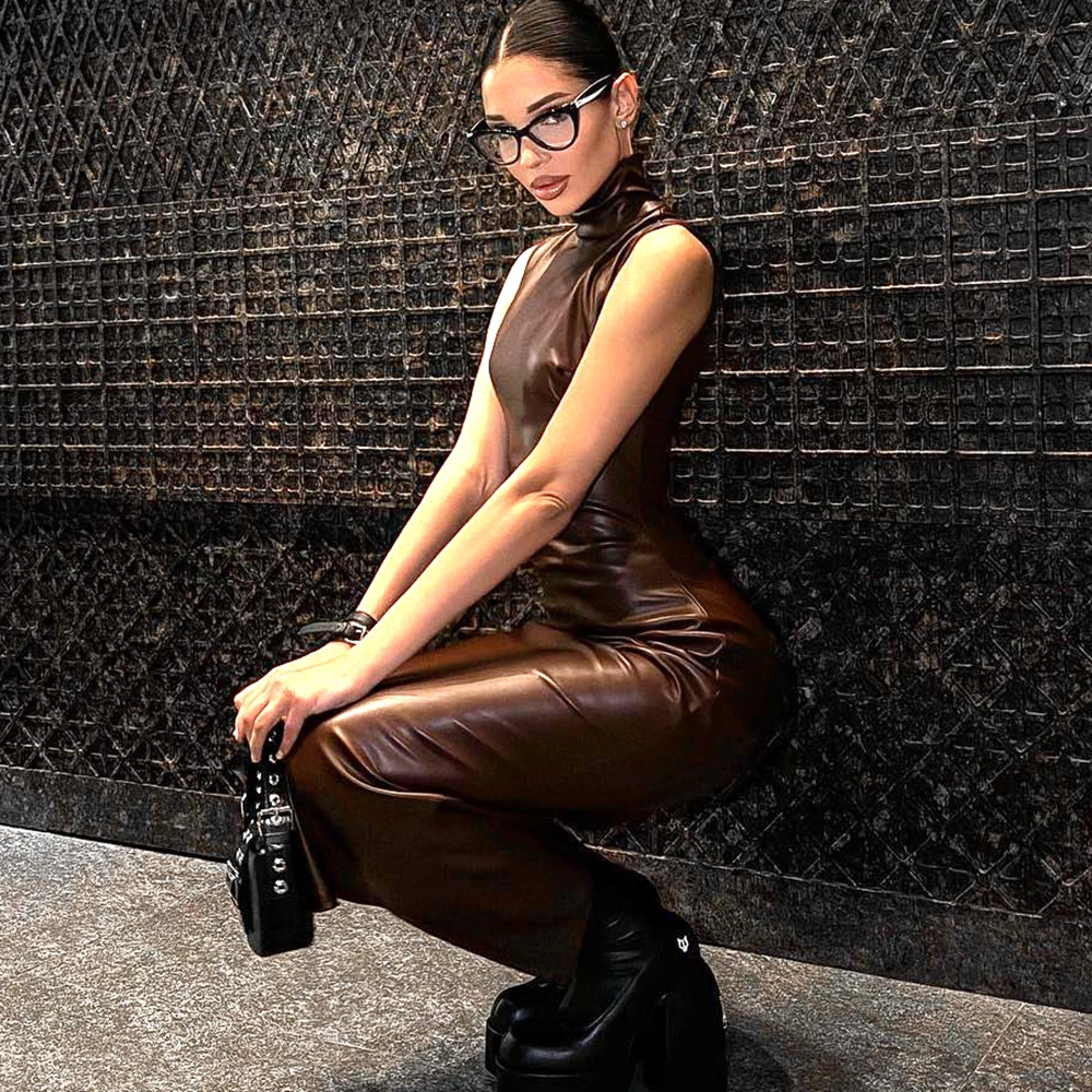 New Fashionable Solid Color Dark Brown High Neck PU Leather Sleeveless Waist Bag Hip Slit Dress For Women