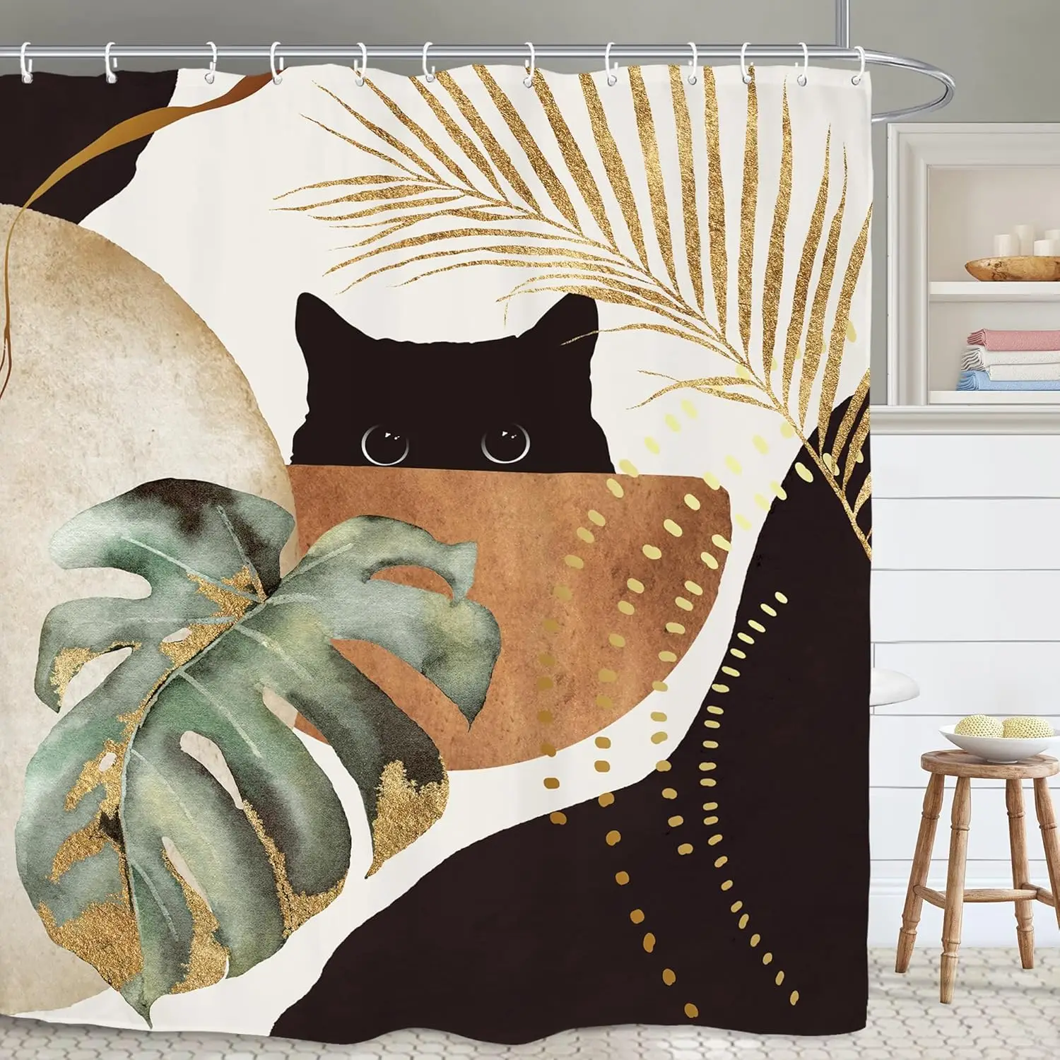 

Абстрактная занавеска для душа середины века для ванной комнаты, 60 Вт на 71 часов, винтажная минималистичная занавеска с изображением кота, монстера, коричневая, эстетичная