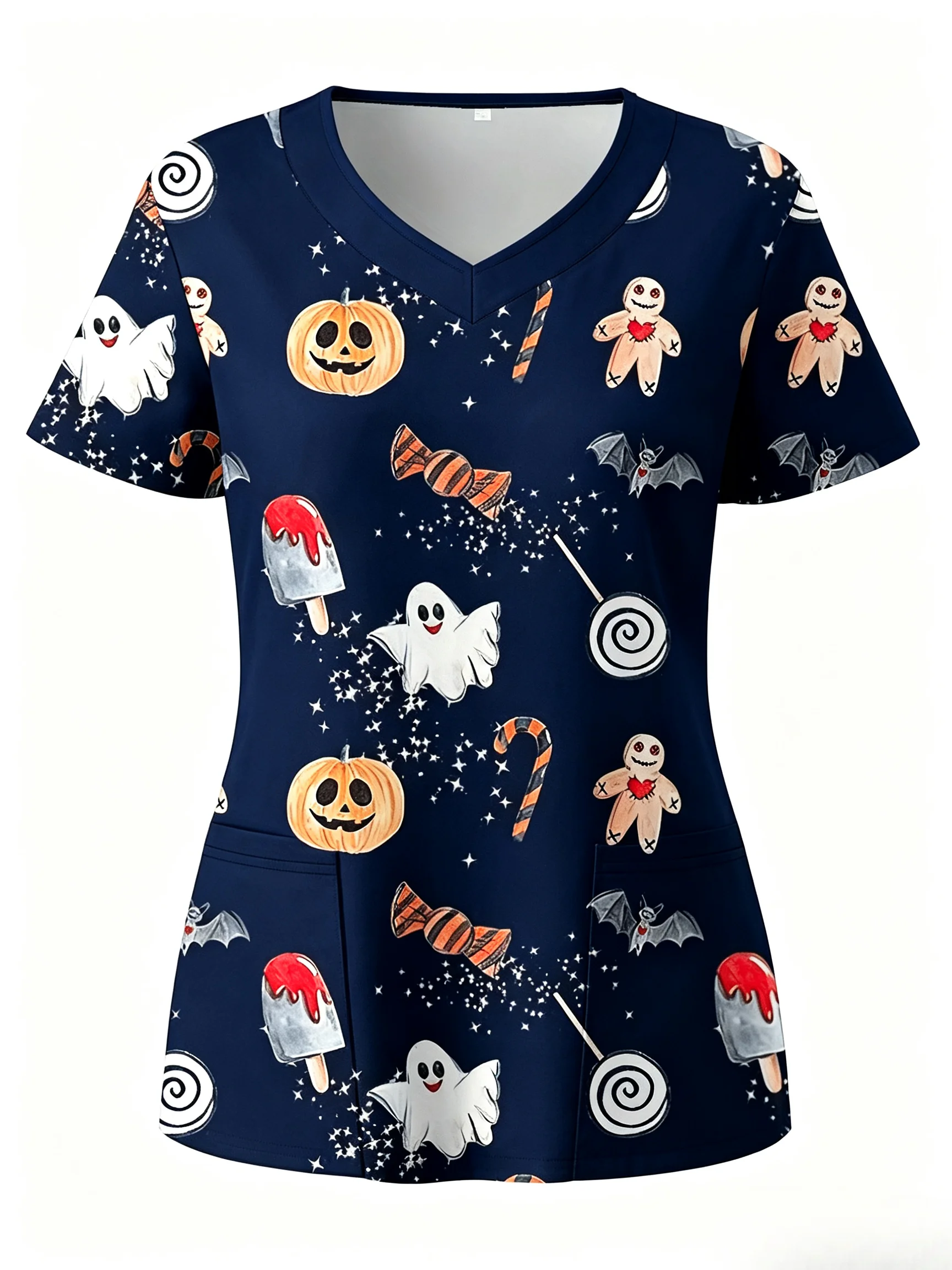 Damen-Scrub-Oberteil mit gruseligem Halloween-Design, Süßigkeiten-Geister-Kürbis-Print, V-Ausschnitt, kurze Ärmel, Taschen, Krankenschwesteruniform für medizinisches Personal – Detail 8