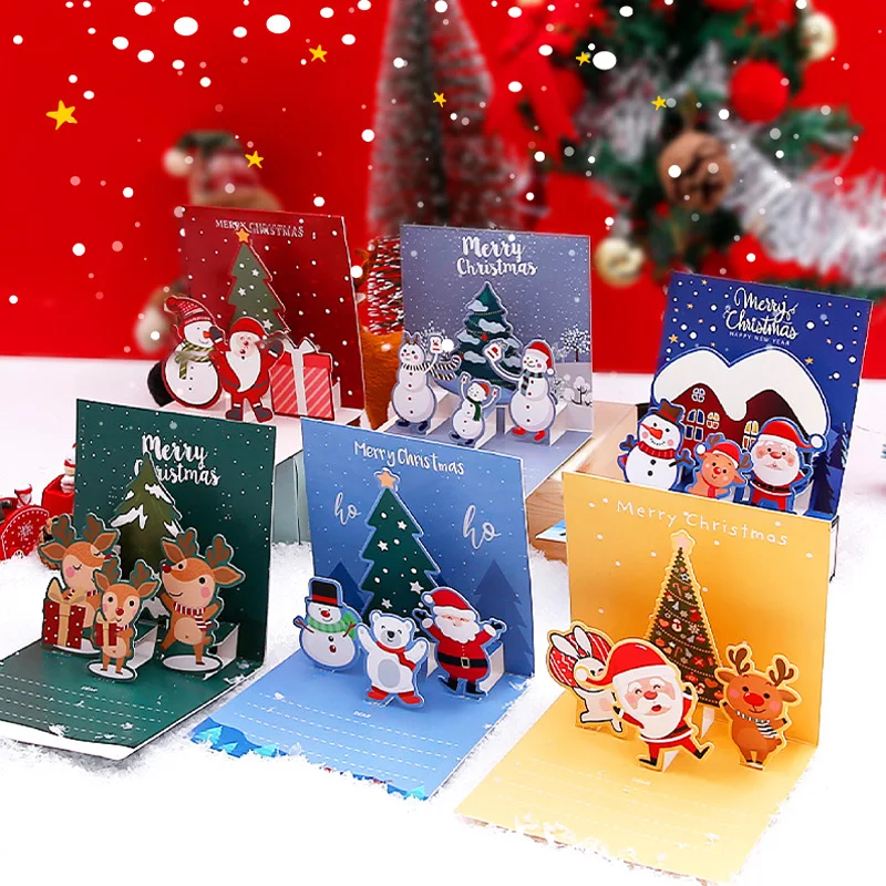 

Xmas 3D Pop UP Cards New Year Party Invitations Greeting Cards Kid Gift Merry Christmas Santa Snowman Elk Card