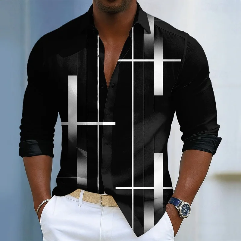 Men's shirt with black geometric line printed long sleeved shirt, high-quality business casual loose flap cardigan, men's top