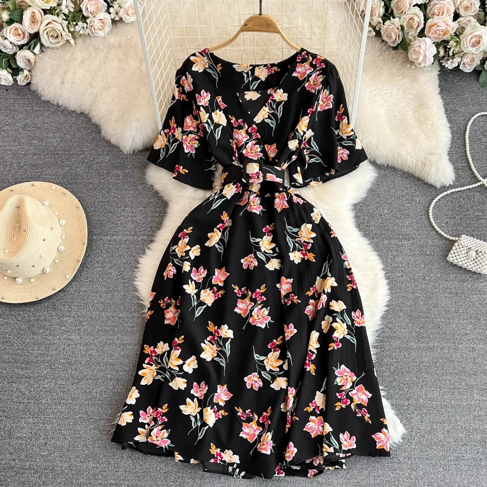 YuooMuoo Chic Fashion Floral Print Long Summer Dress 2024 New Arrival Elegant V-neck Party Dress with Belt Lady Outfits Vestidos